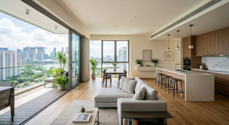 Renovated condominium living room in Singapore with city skyline view