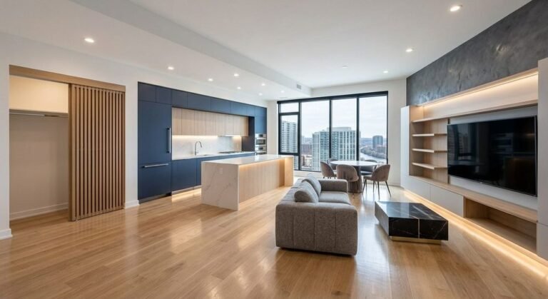 Condominium living and dining area renovation with feature wall and open kitchen