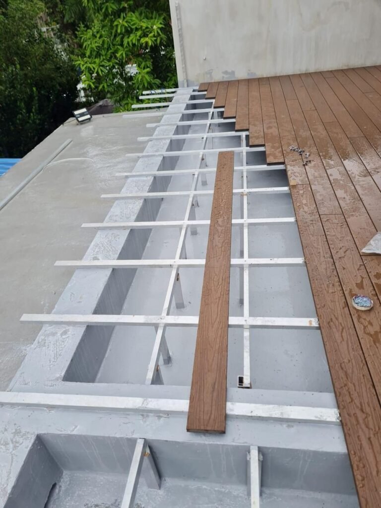 Timber decking substructure and joists prepared for installation