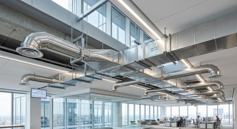 Exposed aircon ducting installation across a commercial office ceiling