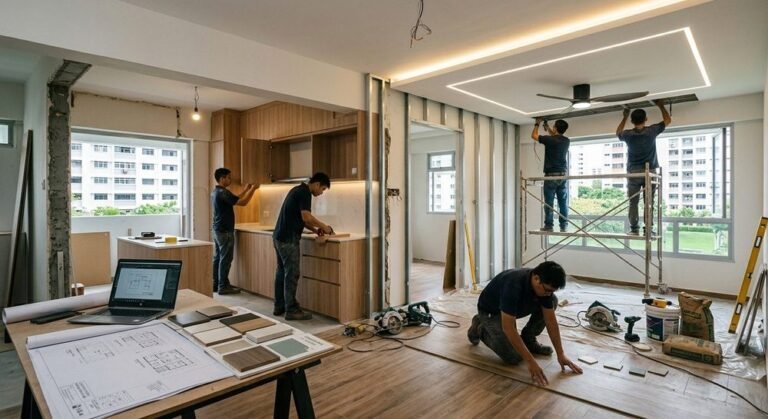 Office interior fit-out with lighting and carpentry installation in progress