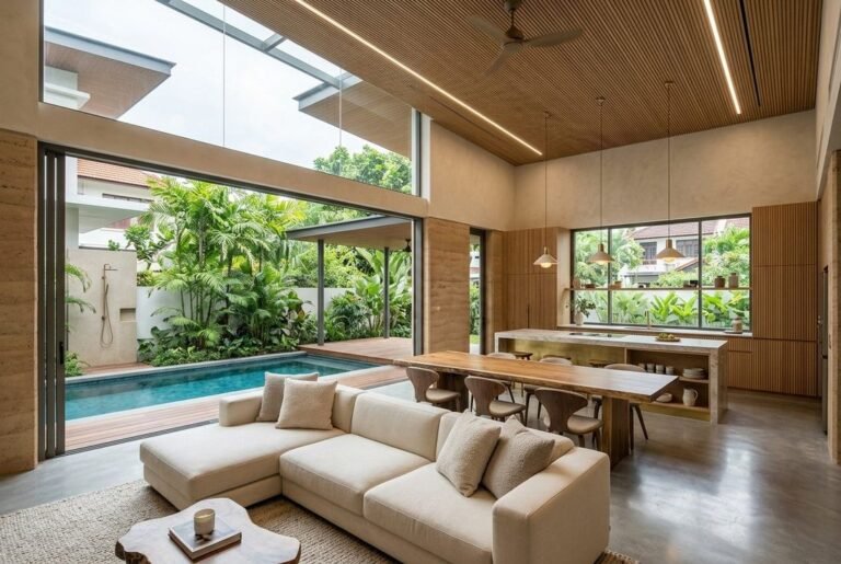 Timber-lined interior with built-in joinery in a Singapore landed property