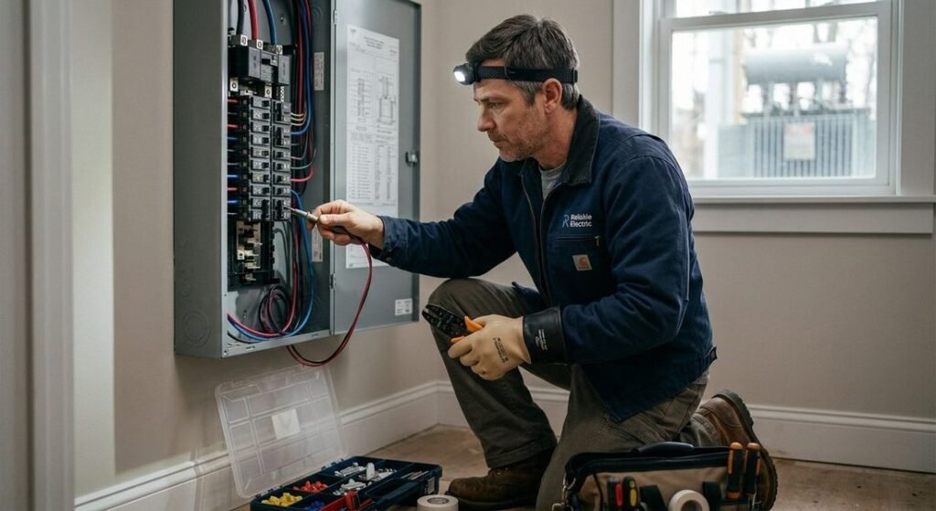 Electrician working on a distribution board during a Singapore renovation