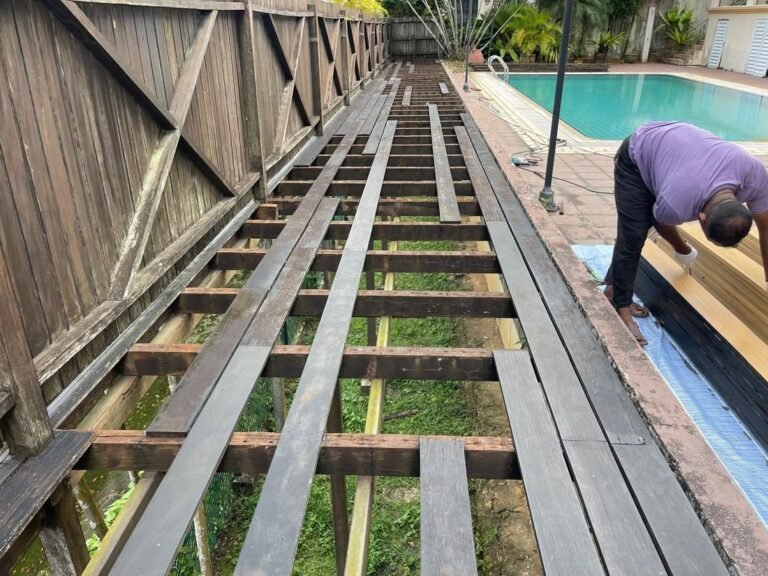 Outdoor timber decking substructure being installed by LM Infinite in Singapore