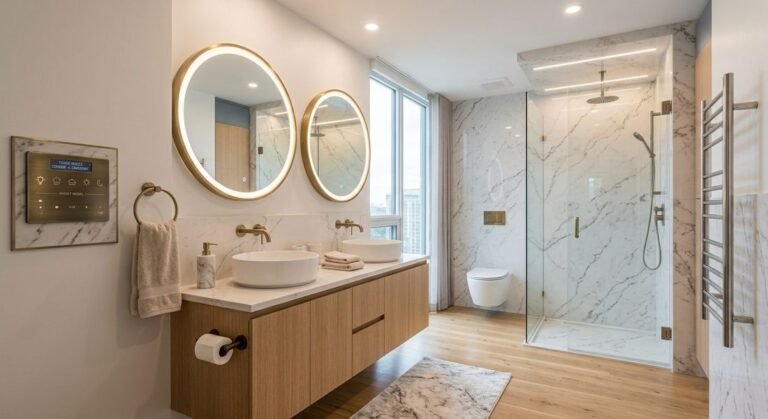 Renovated bathroom with vanity, mirror and glass shower screen in Singapore